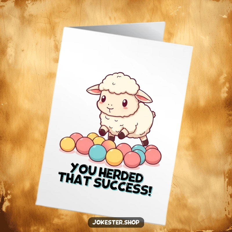Funny Free Printable Congratulations Card of a sheep comically herding bouncy balls, celebrating successful efforts.