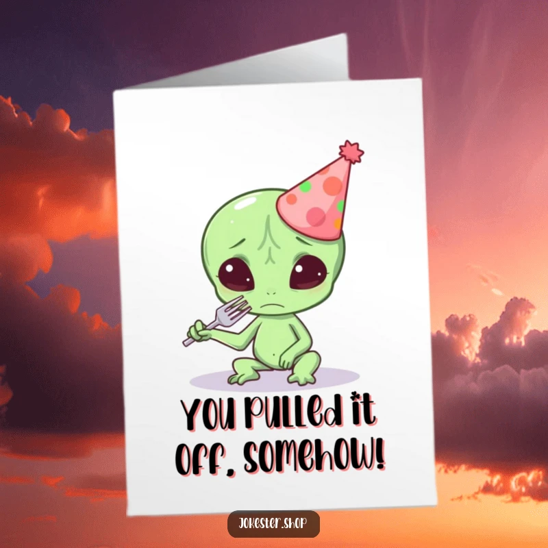Funny Free Printable Congrats Card: Confused alien holding a fork, perfect downloadable art for any occasion.
