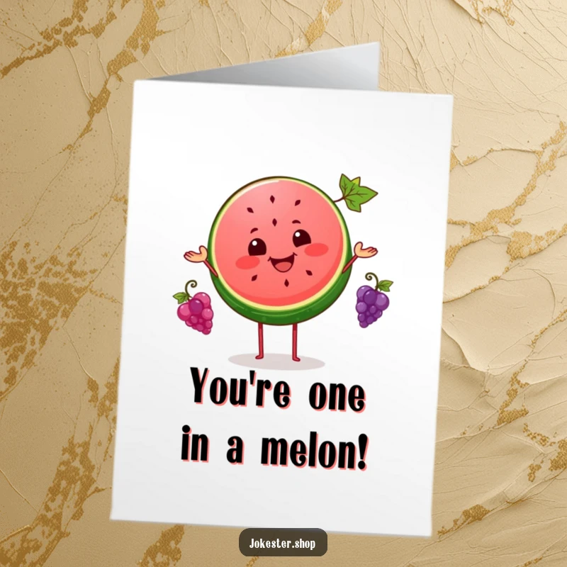 Funny Free Printable Congratulations Card: A smiling watermelon slice juggles three small grapes, celebrating your success.