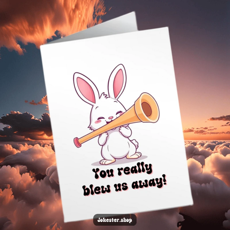 Funny free printable congratulations card featuring a happy rabbit excitedly playing a comically oversized kazoo to cheer someone on.