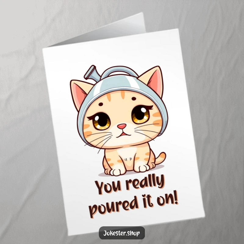 Funny Free Printable Congratulations Card: Bewildered cat wearing a watering can as a helmet, celebrating an achievement.