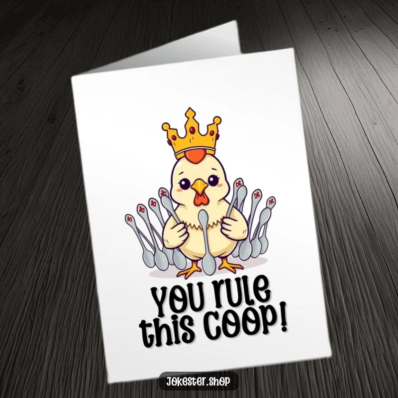 Funny Free Printable Congratulations Card: Rubber chicken king in a crown, leading a spoon army, celebrating a grand victory.