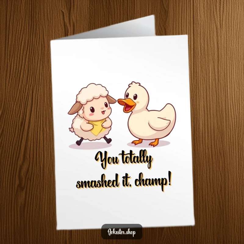 Funny free printable congratulations card featuring a determined but clumsy sheep failing to herd a very stubborn rubber duck, symbolizing effort.