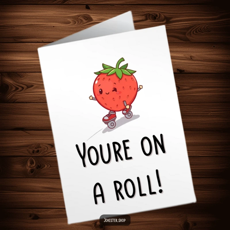 Free Printable Congratulations Card: A plump strawberry in roller skates, teetering downhill, a funny downloadable for celebrating achievements.