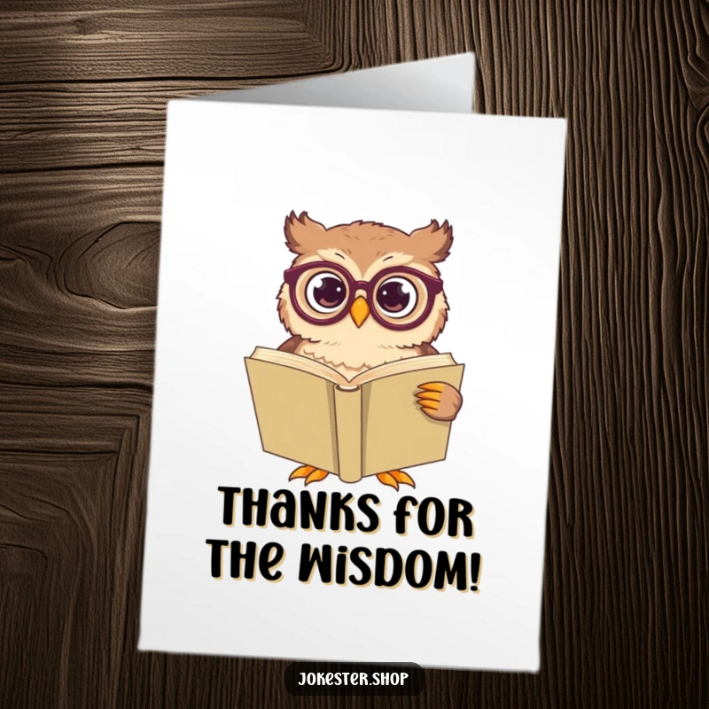 Funny Free Printable Thank You Card: Confused owl with spectacles squints at an enormous, unreadable book.