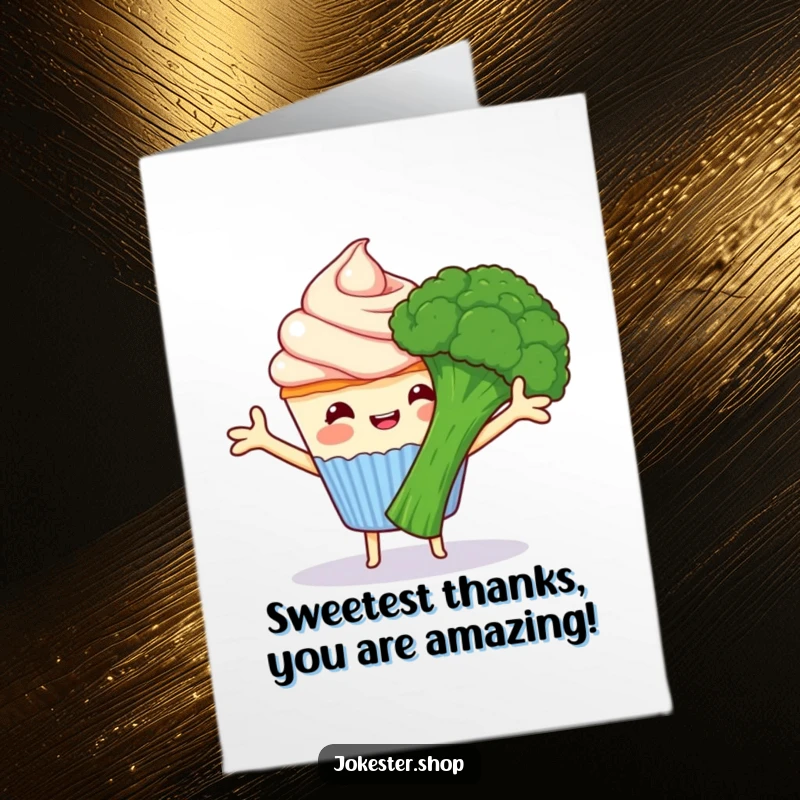 Funny Free Printable Thank You Card: A happy cupcake reaching out to hug a grumpy broccoli, a sweet and funny thank you.