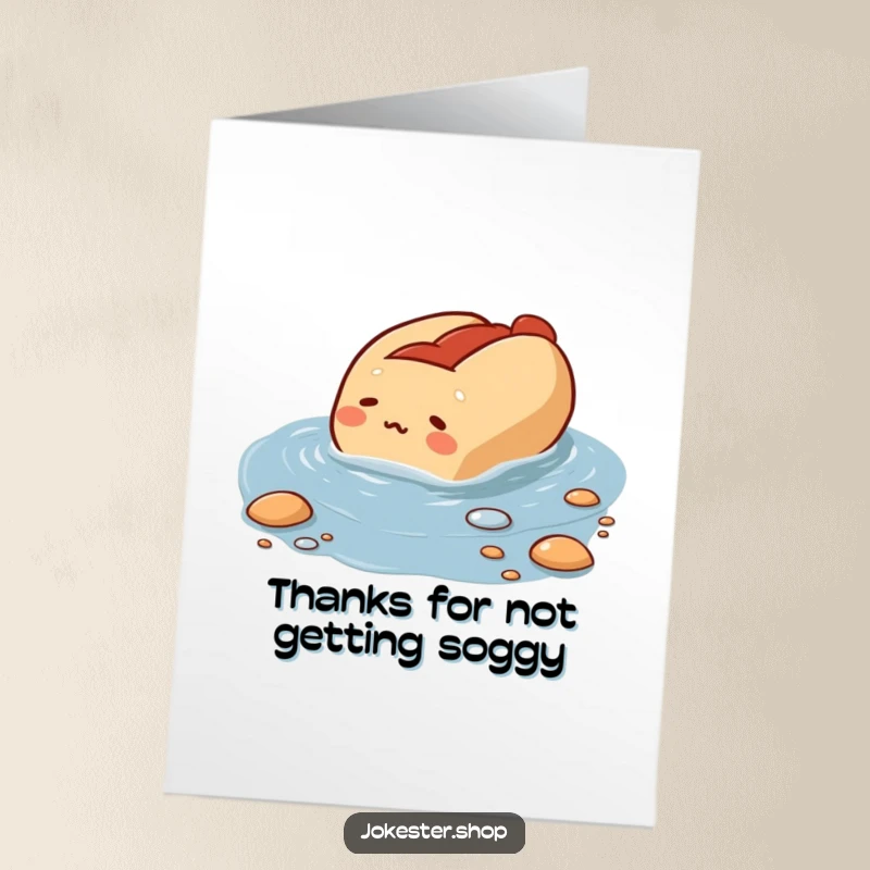 Funny Free Printable Thank You Card: Bewildered hot dog attempting to swim in a puddle, humorous design.