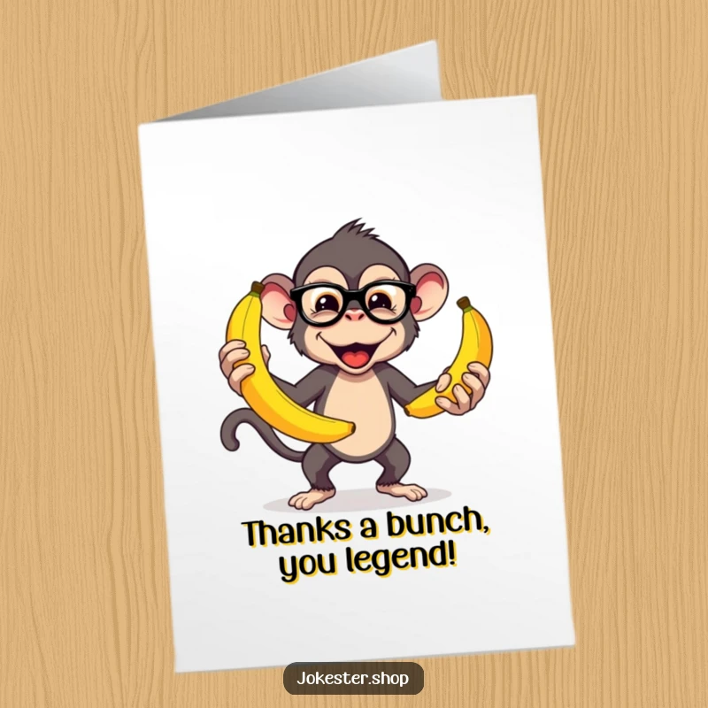 Funny Free Printable Thank You Card: Mischievous monkey balances oversized bananas, a cheerful thank you gesture.