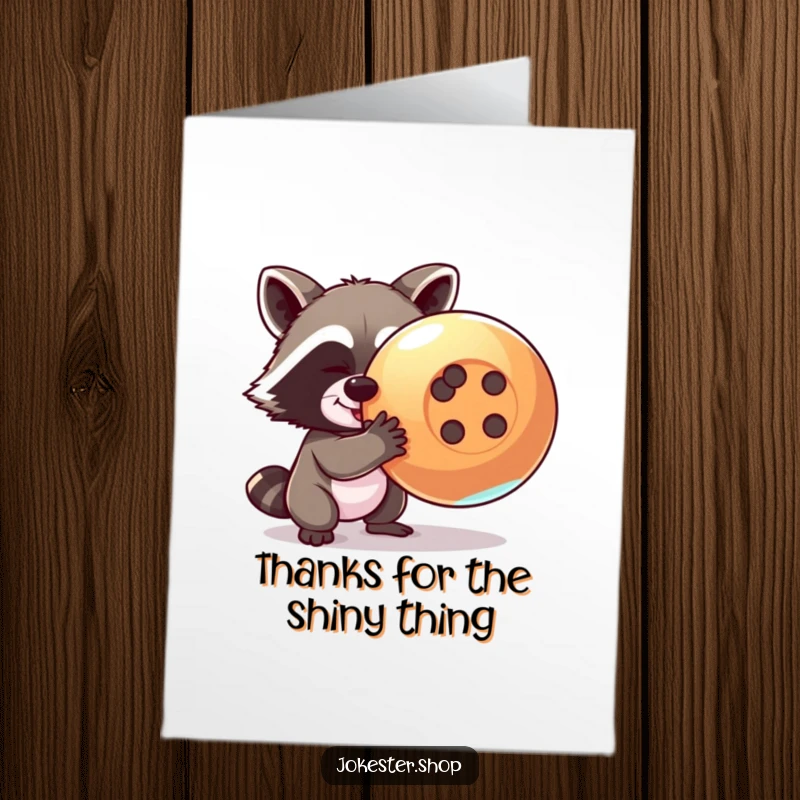 Funny Free Printable Thank You Card: A mischievous raccoon holds a giant, shiny button, offering thanks with a roguish grin.