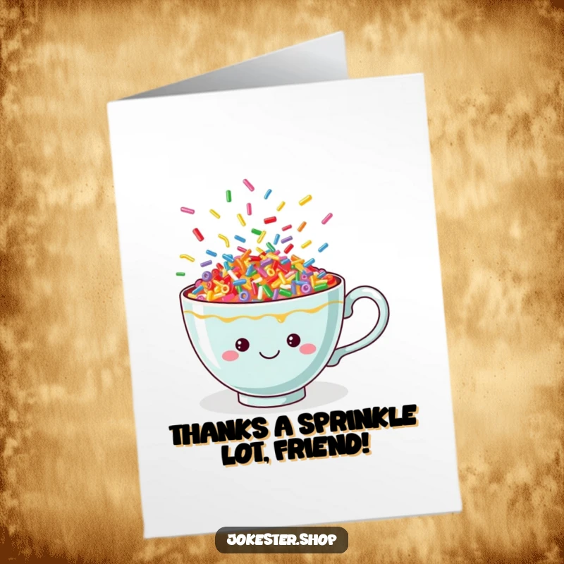 Funny Free Printable Thank You Card: A whimsical teacup overflowing with colorful, happy dancing sprinkles.