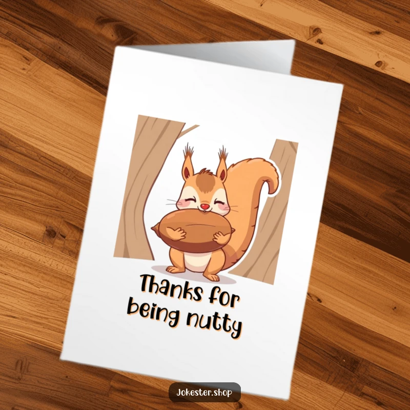 Funny Free Printable Thank You Card: A squirrel concentrating hard while balancing an oversized nut on its nose.