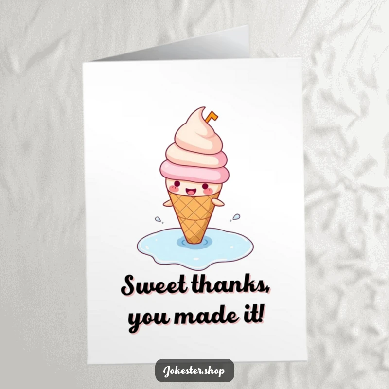 Funny Free Printable Thank You Card: Cheerful ice cream cone slides in its own melted puddle, a humorous thank you.