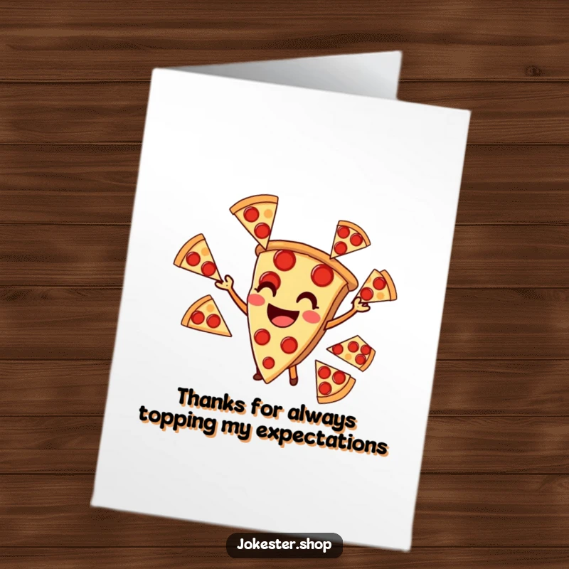 Funny free printable thank you card featuring a cheerful pizza slice juggling pepperoni slices, expressing gratitude.