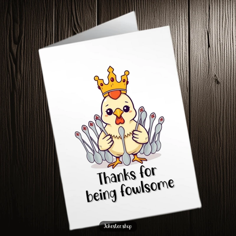 Funny Free Printable Thank You Card: Rubber chicken king with a crown, commanding a spoon army, offering absurd thanks.