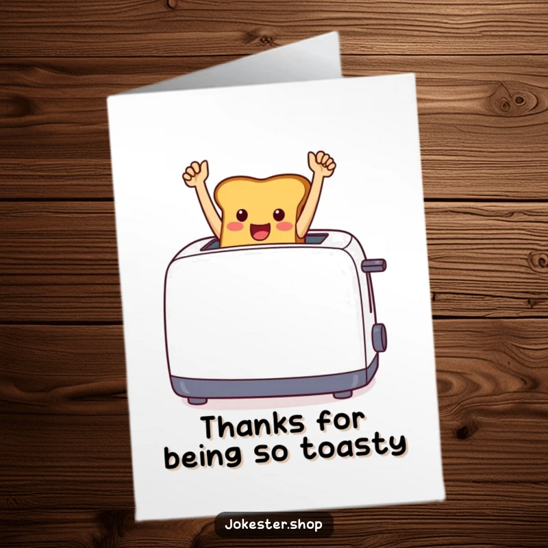 Funny Free Printable Thank You Card: A jubilant toast bursting from a toaster, arms raised high, a funny downloadable.