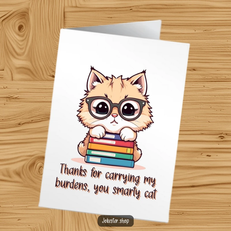 Funny free printable thank you card with a fluffy cat wearing glasses and a stack of books, expressing thanks.