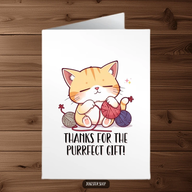 Funny Free Printable Thank You Card: Sleepy cat attempting to juggle yarn, hilariously succumbing to sleep while saying thanks.