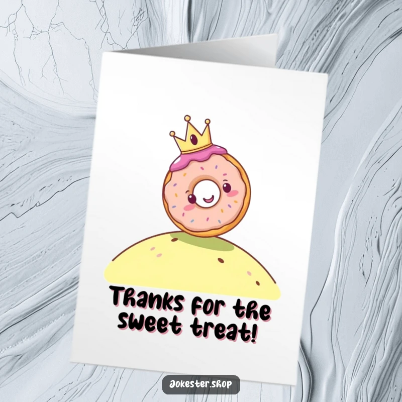 Funny Free Printable Thank You Card: A regal donut rolling down a hill, delivering thanks with a smile.