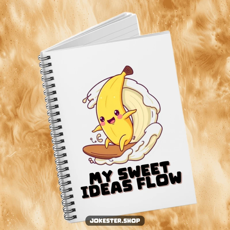 Funny notebook cover with a happy banana character attempting to surf a wave of cream.