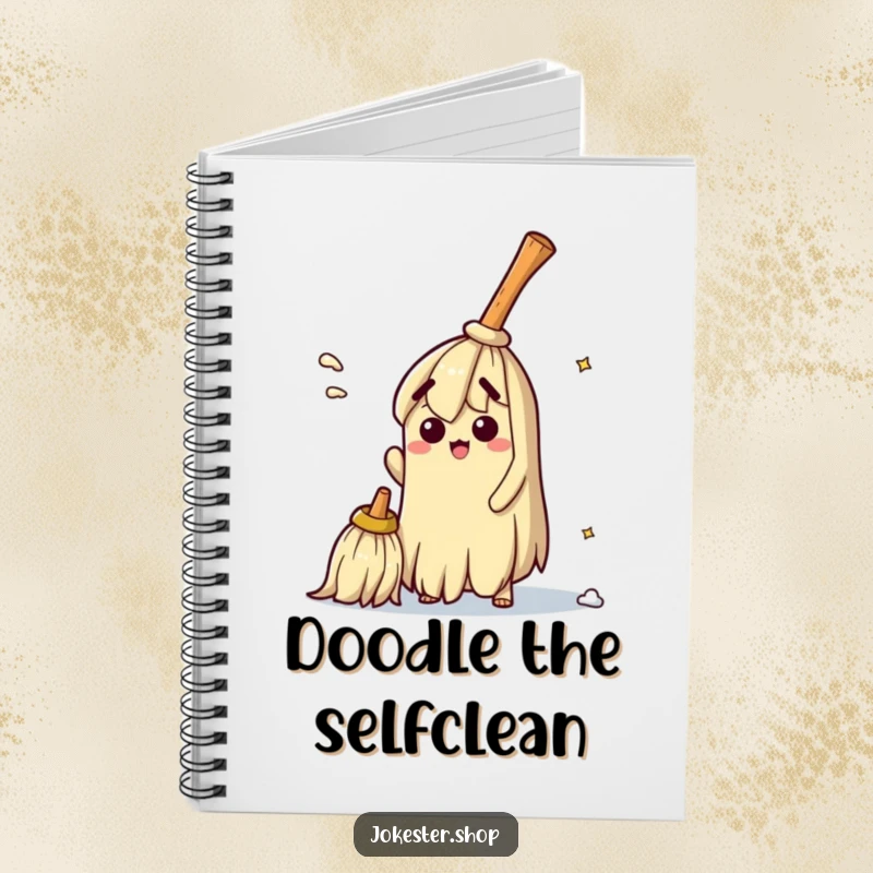 Funny notebook cover with a bewildered broom hilariously trying to sweep itself clean, inspiring creativity and humor for all your writing needs.