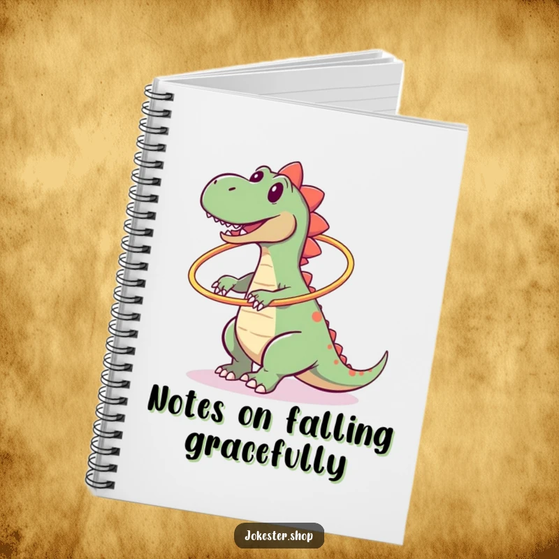 Funny notebook cover featuring a clumsy dinosaur hilariously falling while trying to twirl a hula hoop.