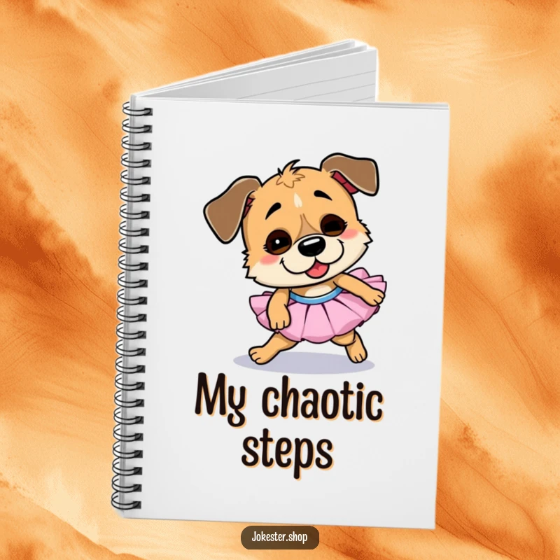 Funny dog notebook cover, depicting a goofy dog in a tutu comically tripping, inspiring playful thoughts and creative ideas.
