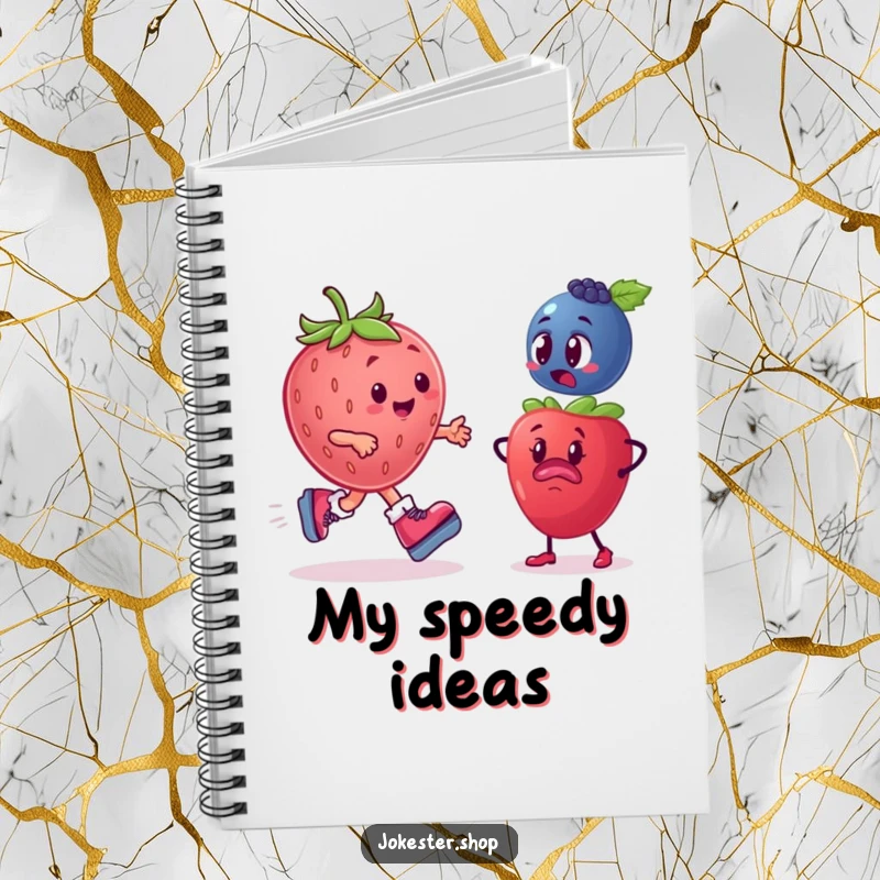 Funny Fruit Notebook: Features a plump strawberry on roller skates speeding past a bewildered blueberry, ideal for note-taking.