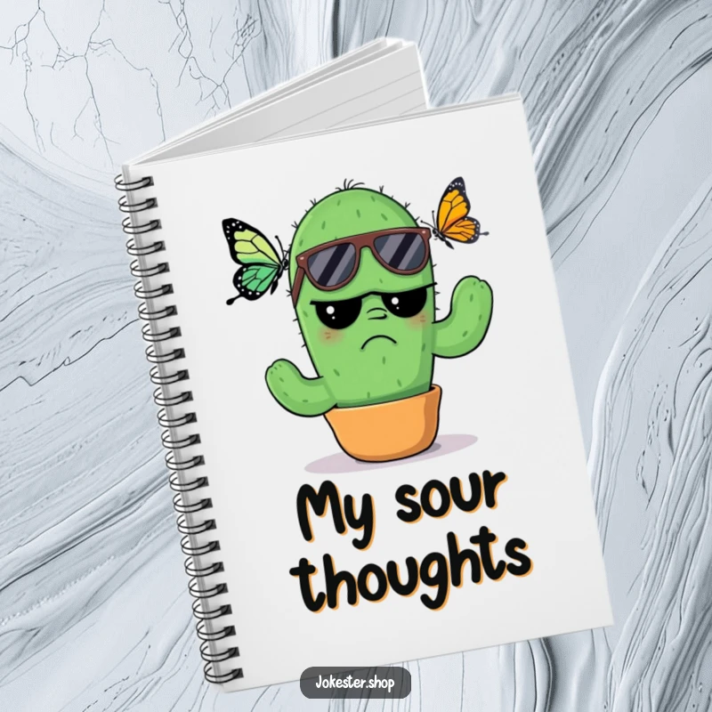 Funny Notebook: A grumpy cactus in sunglasses, looking annoyed by a butterfly, perfect for jotting down thoughts with a humorous and cool vibe.