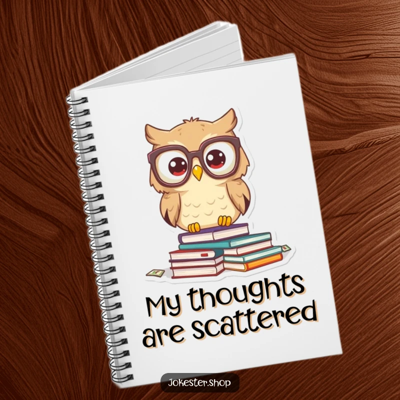 Funny owl character with oversized glasses, looking surprised amidst scattered books. A cute and funny notebook for note-taking.