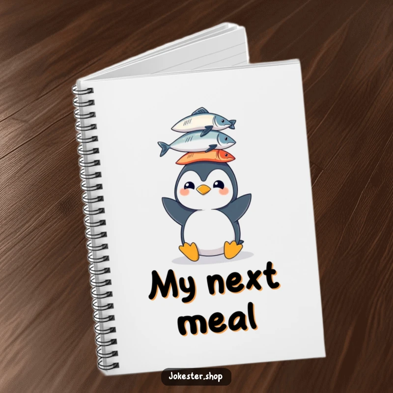 Funny notebook with a cheerful penguin character balancing a stack of fish on its head, perfect for jotting down ideas with humor.