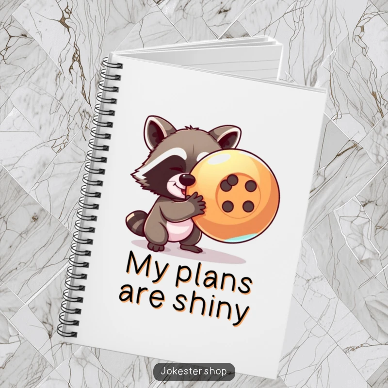 Funny raccoon notebook featuring a mischievous raccoon attempting to steal a giant, shiny button, perfect for jotting down ideas.