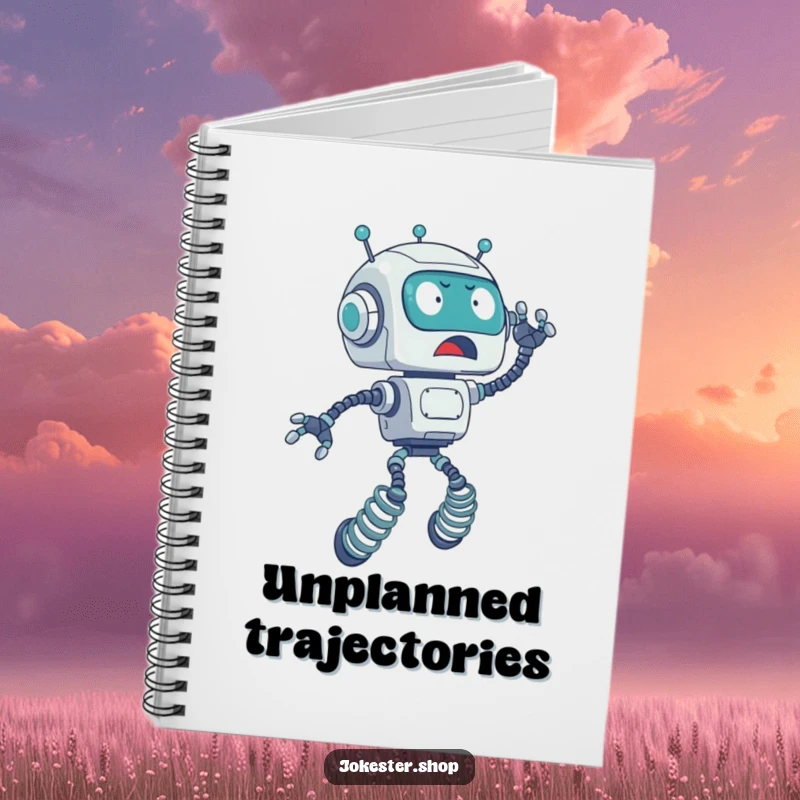 Funny notebook cover with a surprised robot on spring legs accidentally launching upwards, designed for jotting down ideas.