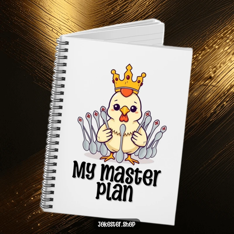 Funny rubber chicken commanding a spoon army, ideal for writing decrees in a humorous notebook.