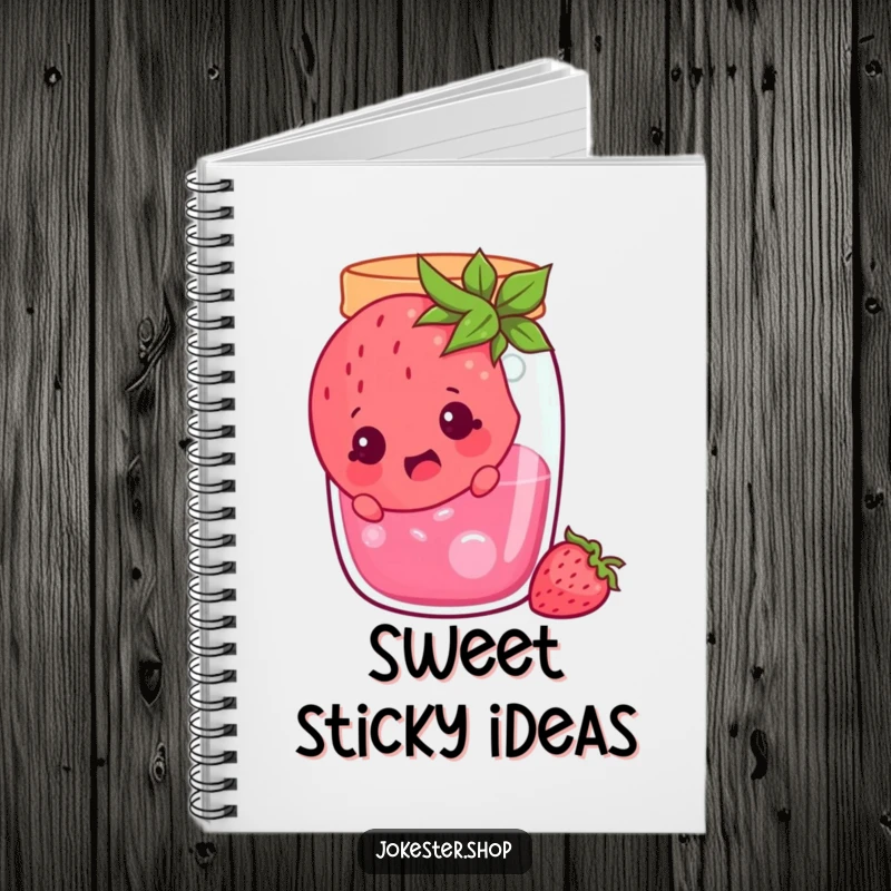 Funny cheerful strawberry stuck in a jam jar, looking surprised, a notebook with a humorous cartoon cover of a surprised fruit, excellent funny gift.