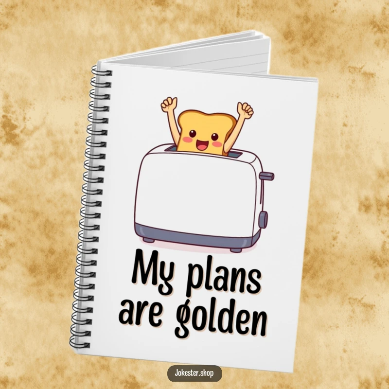 Funny cheerful toast leaping from a toaster with arms raised in triumph on the cover of a notebook.