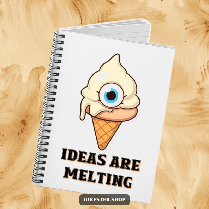 Funny melting ice cream cone with one giant eye, looking confused, a notebook for writing with a humorous, melting cartoon cover, excellent funny gift.