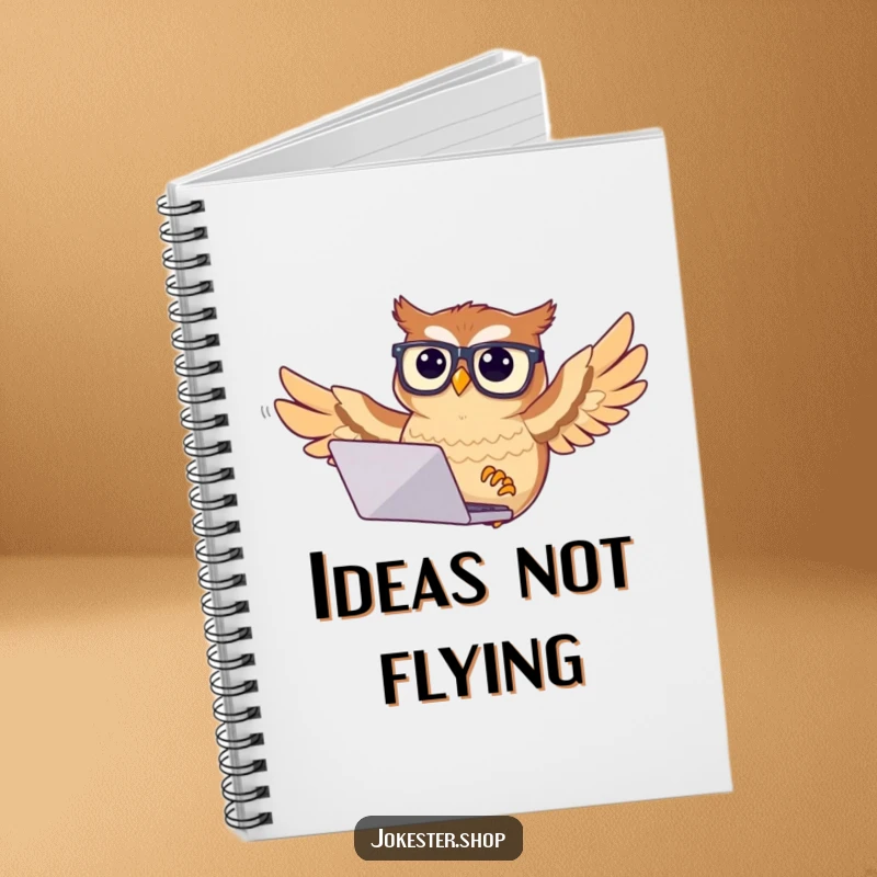 Funny owl notebook featuring a confused owl with glasses trying to fly with a laptop, perfect for note-taking with a humorous twist.