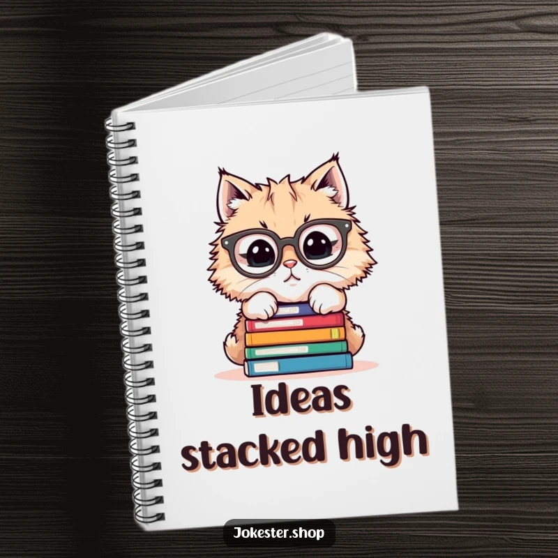 Funny notebook cover featuring a cat in glasses attempting to balance a large stack of books, ideal for studies.