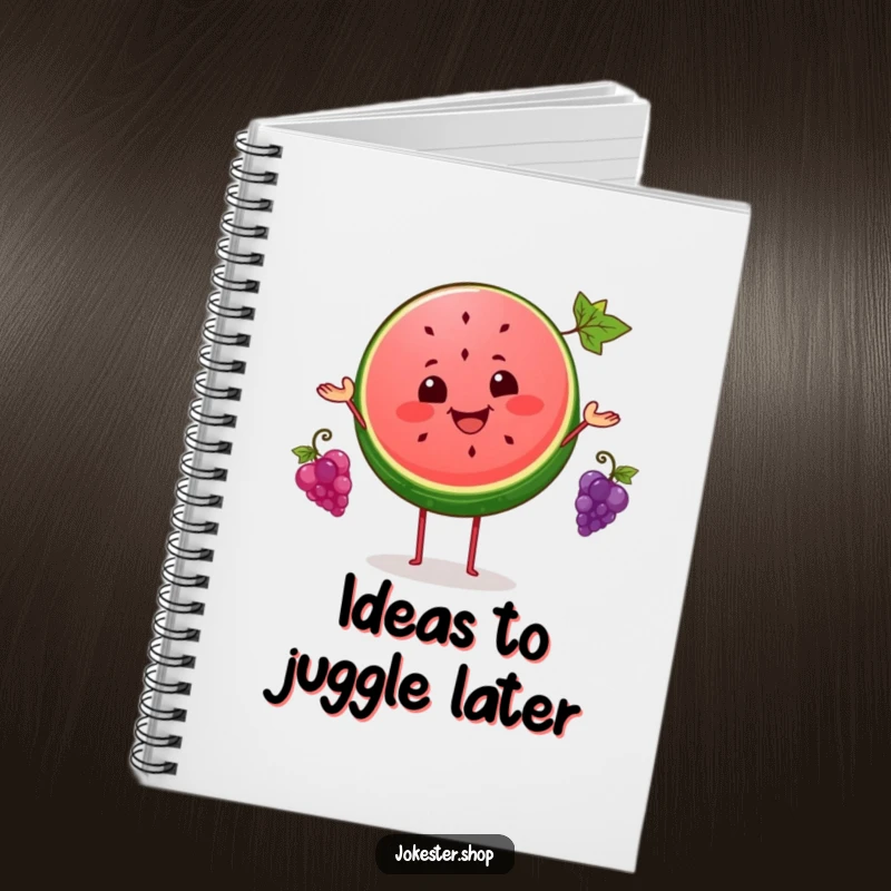Funny notebook cover with a cheerful watermelon slice juggling three tiny grapes, perfect for capturing ideas with a smile.