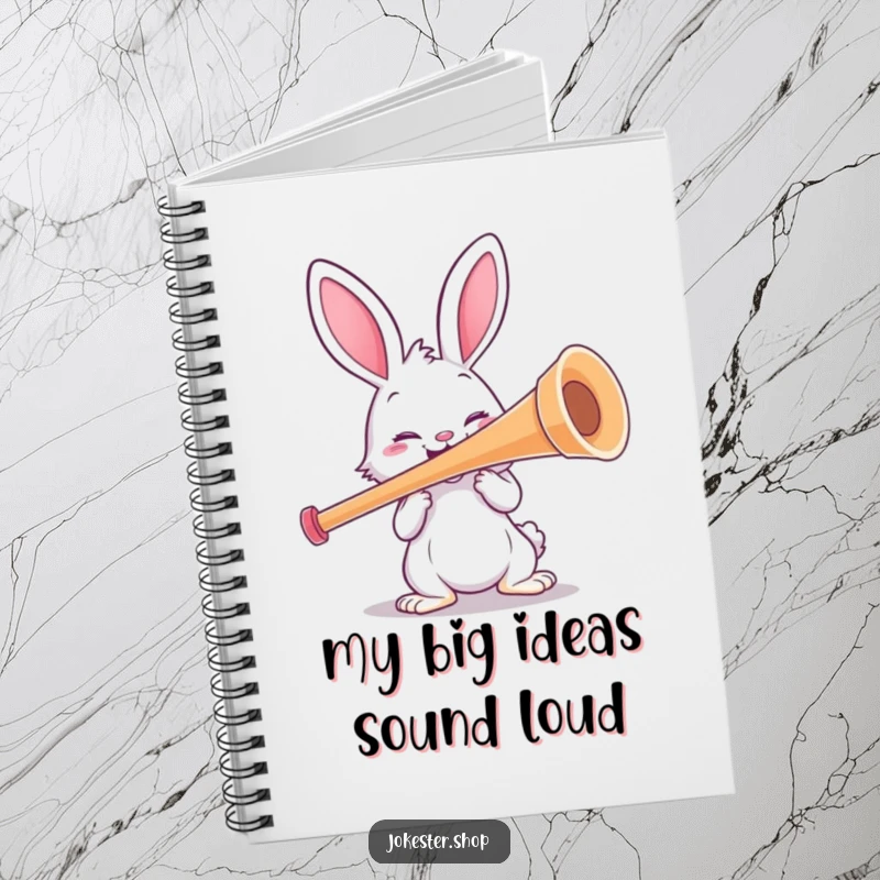 Funny rabbit character holding a huge kazoo, ready to compose some musical magic. A cute and funny notebook for note-taking.