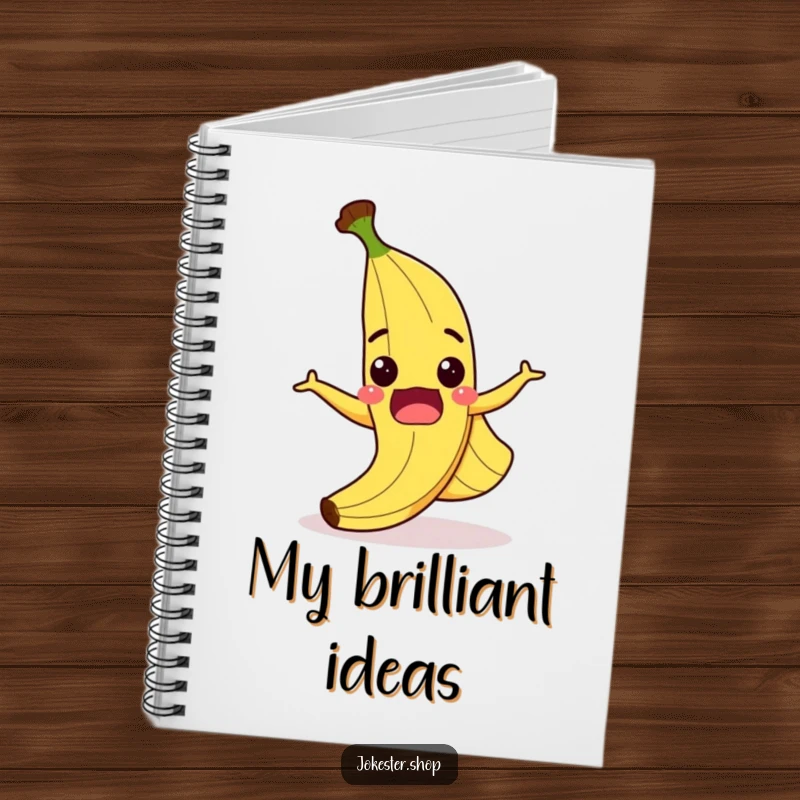 Funny notebook with a surprised cartoon banana peel slipping on itself, wide grin, perfect for humorous note-taking and journaling.