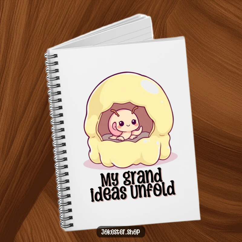 Funny shy snail peeking from a giant, unstable jelly mold on the cover of a lined notebook.