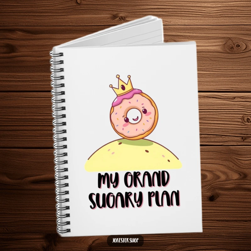 Funny notebook cover with a cheerful donut wearing a tiny crown rolling down a hill, inspiring creativity and humor for all your writing needs.