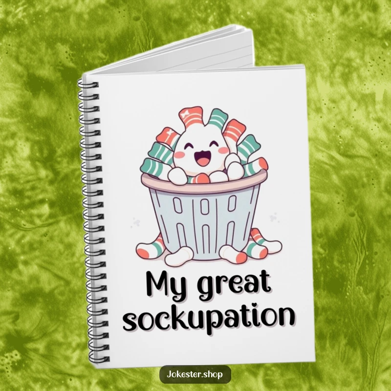 Funny notebook cover with a happy pile of socks escaping a laundry basket, inspiring creativity and humor for note-taking sessions.