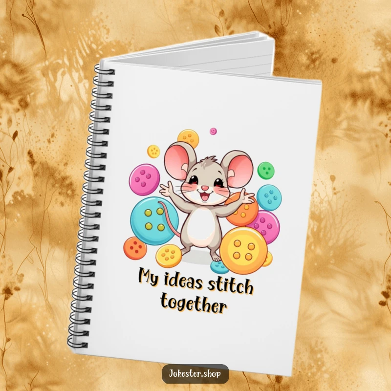 Funny mouse character skillfully juggling large, colorful buttons. A cute and funny notebook for note-taking.