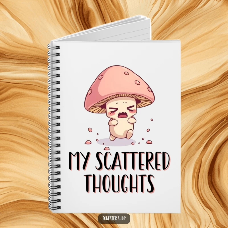 Funny notebook cover with a nervous mushroom character tripping over its cap, scattering spores.