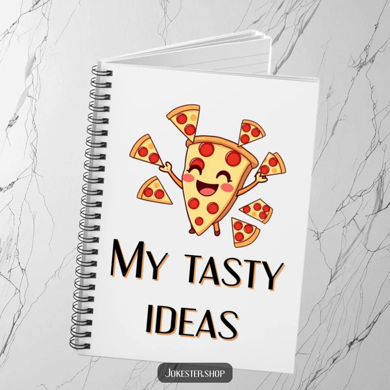 Funny notebook cover with a smiling pizza slice juggling pepperoni, ideal for recipe notes and ideas.