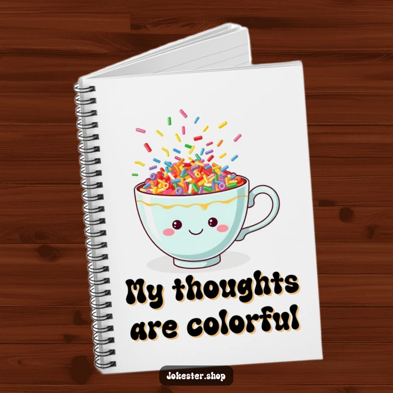 Funny sprinkle teacup notebook with a vibrant cover showcasing a cheerful cup brimming with dancing colorful sprinkles.
