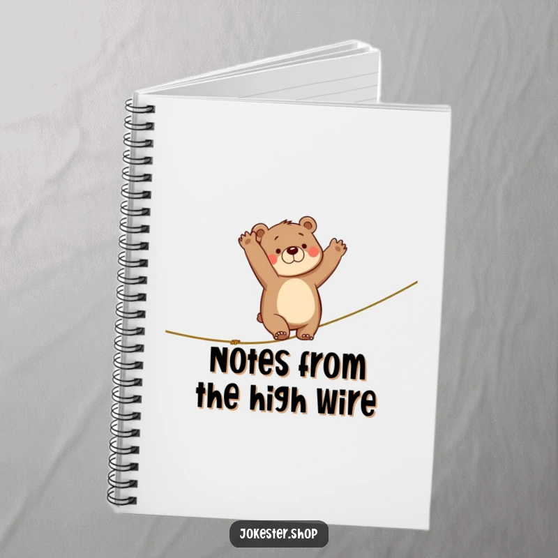 Funny notebook cover with a bear hilariously failing at a tightrope walk, arms outstretched, providing a comical prompt for writing.