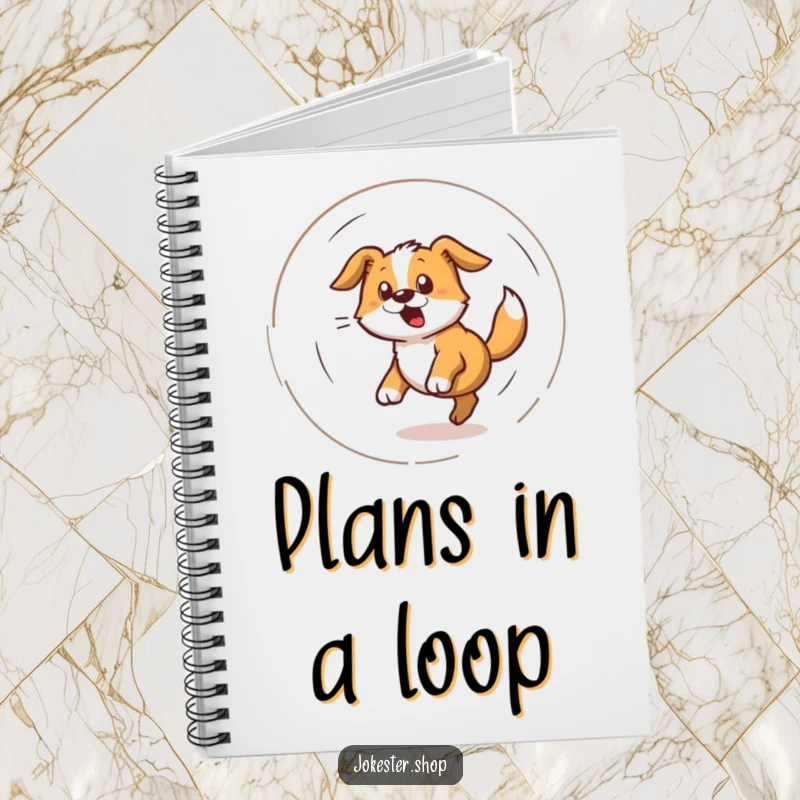 Funny notebook cover with a dog spinning in a dizzy spiral while chasing its tail, great for notes.